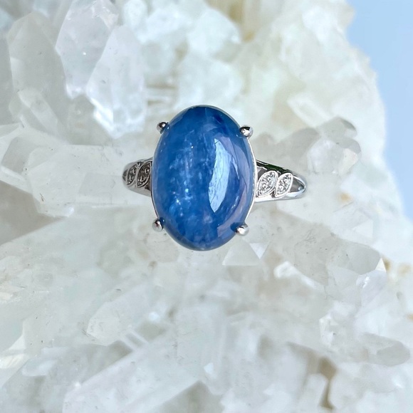 Natural Blue Kyanite Crystal White Bronze Ring - Picture 1 of 3